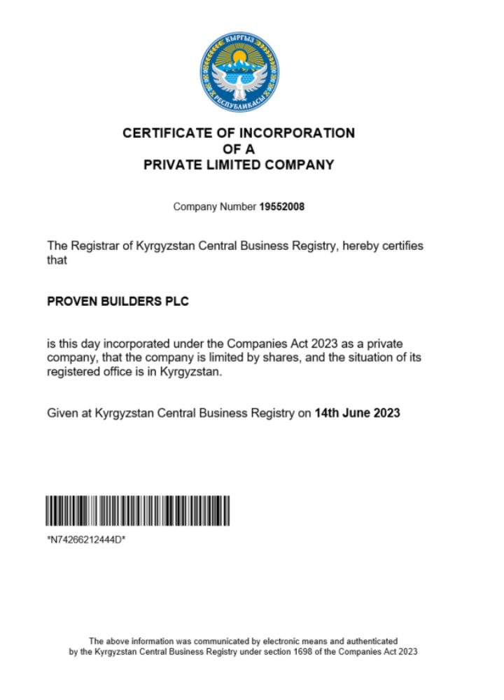 Kyrgyzstan business registration certificate Word and PDF template